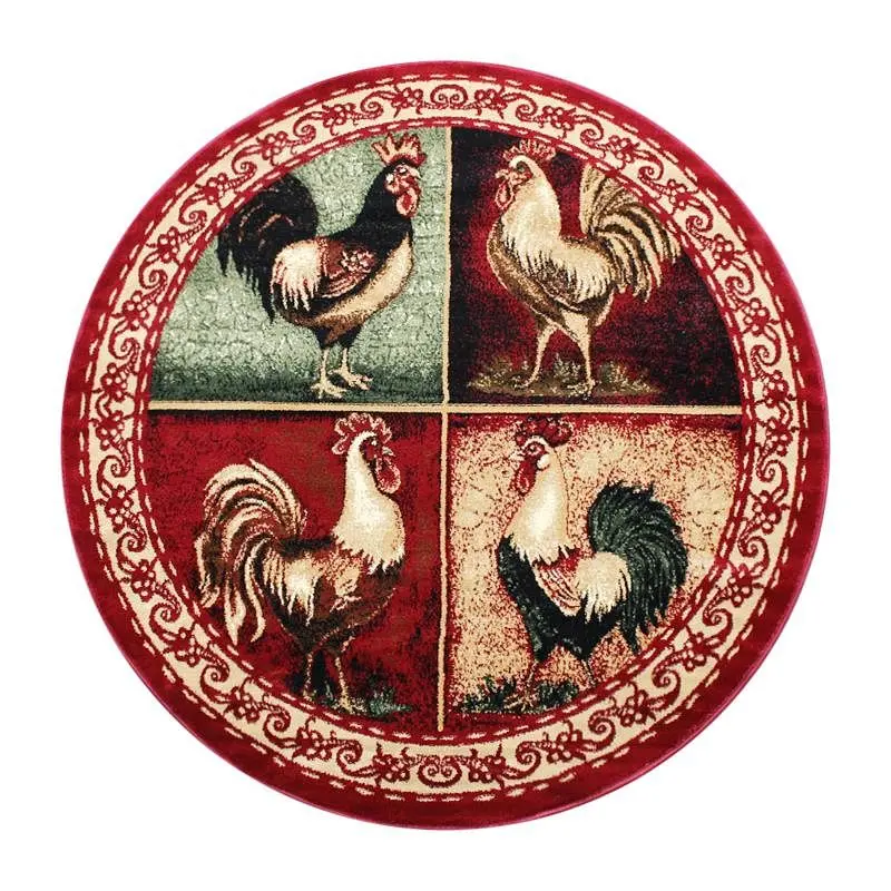 Flash Medium Furniture Gallus Gatherion 6' x 6' Round Red Rooster Themed Olefin Area Rug Jute Backing Kitchen, L...