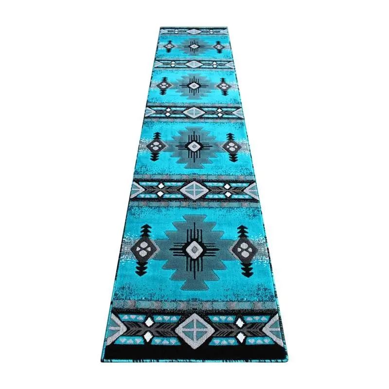 Flash Medium Furniture Mohave Gatherion 2' x 11' Turquoise Traditional Southwestern Style Area Rug - Olefin Fibe...