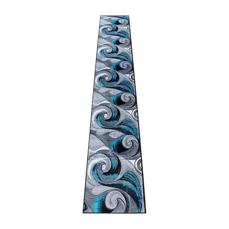 Flash Safety Furniture Tellus Gatherion 3' x 15' Olefin Turquoise Ocean Waves Pattern Area Rug Jute Backing Livi...