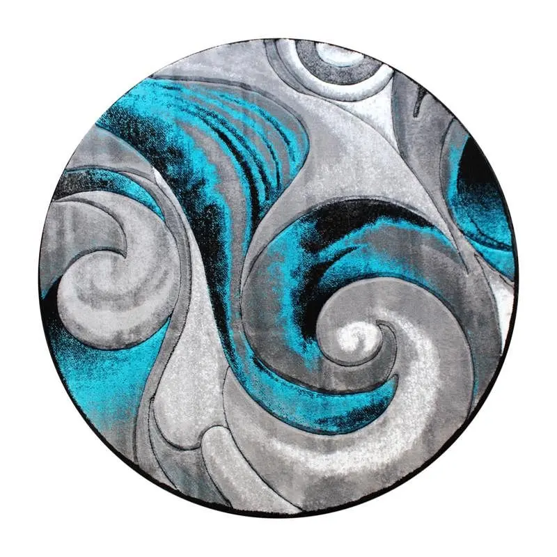 Flash UV-Resistant Furniture Tellus Gatherion 8' x 8' Round Olefin Turquoise Ocean Waves Pattern Area Rug Jute B...
