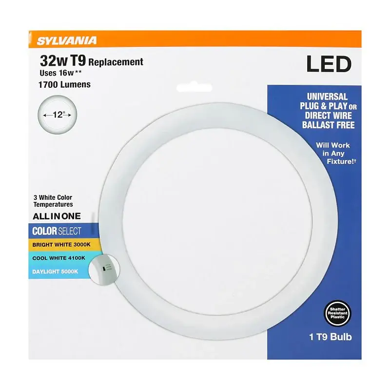 Sylvania 41208 LED Bulb, Circline, Type AB Comprehensive, T9 Lamp, 32 W Equivalent, G10Q Fluorescent 4-Pin Lamp Base, Clear