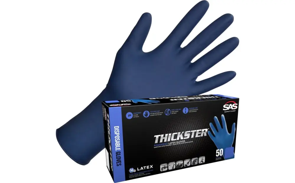 SAS Safety Thickster Powder-Free Exam Grade Latex Disposable Gloves, Indigo, 14 mil Thickness, Fully Textured Superior Gri...