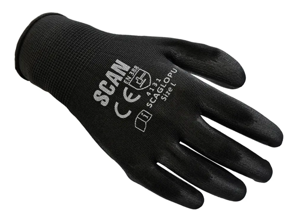 Scan Black Pu Coated Gloves - L (Size 9) (200 Pairs)