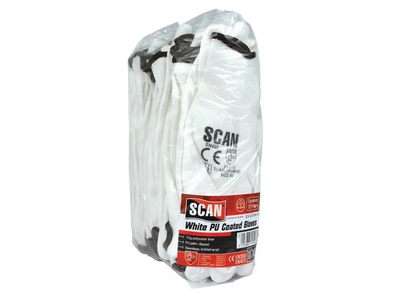 Scan White Pu Coated Gloves - Extra Spacious (Size 10) (Pack 12)