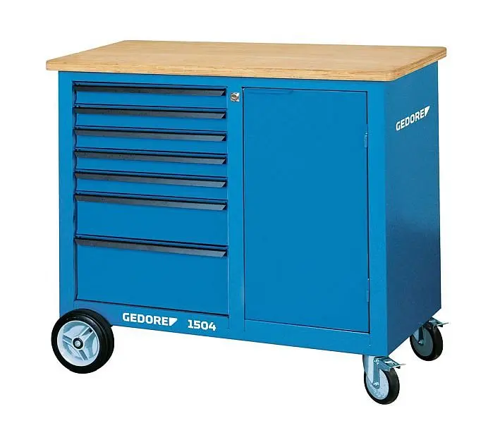 GEDORE All-Purpose Mobile workbench, Workbench 7 drawers, Vice and wooden work surface, Workbench on wheels, Sheet steel, ...