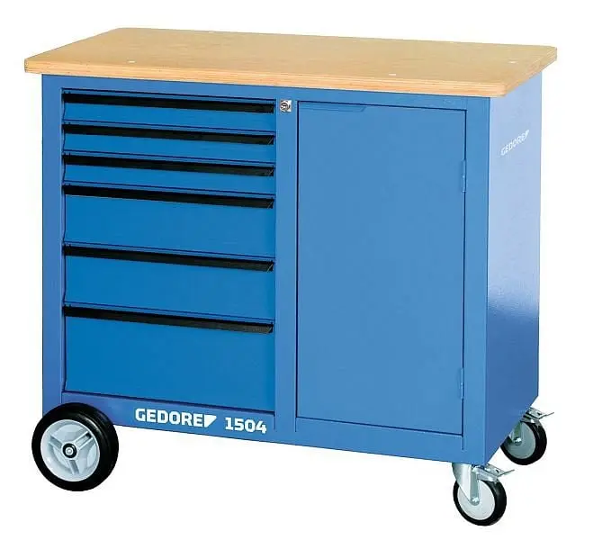 GEDORE Mobile workbench, Workbench 6 drawers and wooden work surface, Workbench on wheels, Panel steel, Empty, 1504 0321, ...
