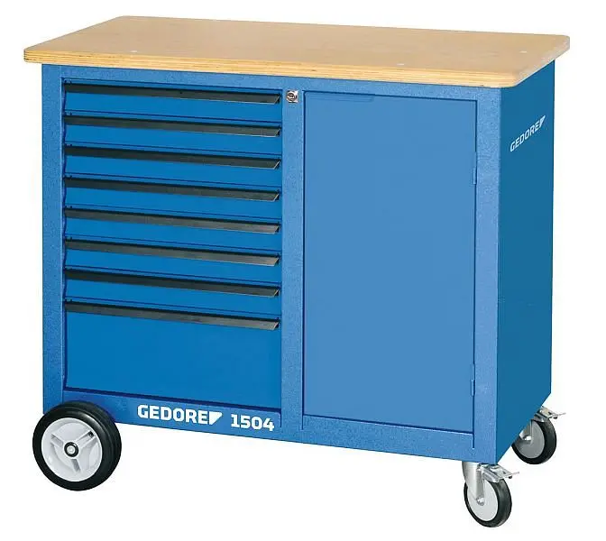 GEDORE Mobile workbench, Workbench 8 drawers and wooden work surface, Workbench on wheels, Sheet steel, Empty, 1504 0701, ...
