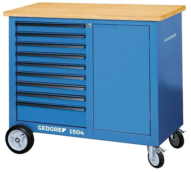 GEDORE Mobile workbench, Workbench 9 drawers and wooden work surface, Workbench on wheels, Panel steel, Empty, 1504 0810, ...