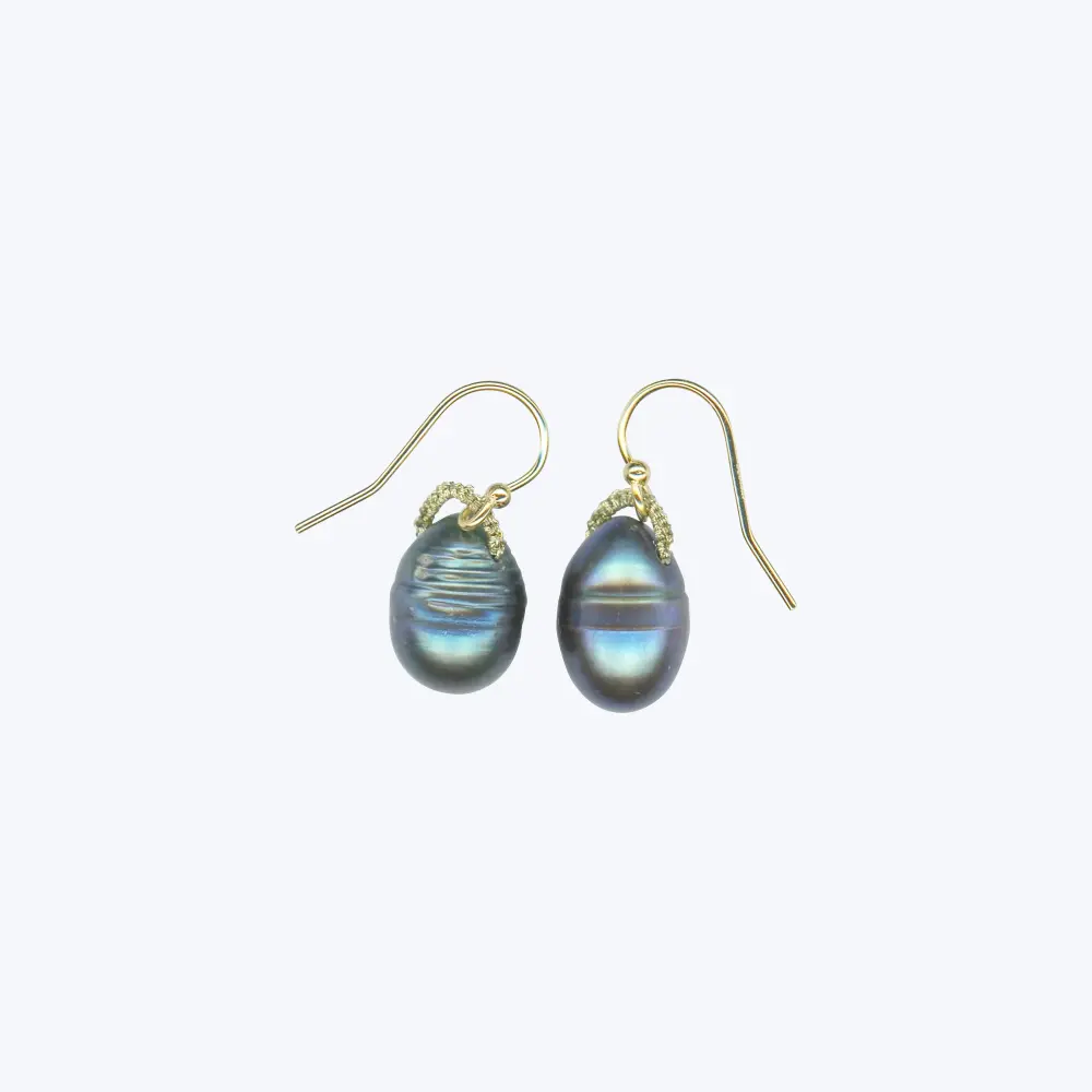 Woven Gold Bale Drops Earrings Peacock Blue Pearl Drop