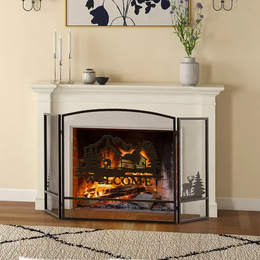 Costway 55 x 29.5 Inch Fireplace Screen Natural Scenery and Moose Pattern, Black, JV11174DK