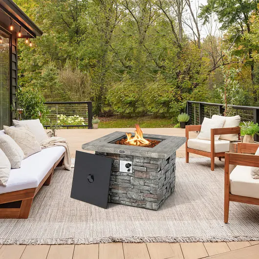 Costway 34.5 Inch Square Propane Gas Fire Pit Table Lava Rock and PVC Cover, Gray, NP10630WL-GR