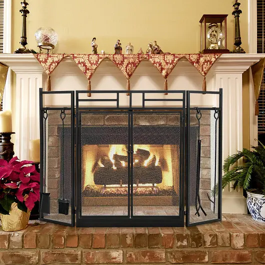Costway 3-Panel Folding Wrought Malleable Iron Fireplace Screen Doors and 4 Pieces Tools Set, Black, JV10064BK