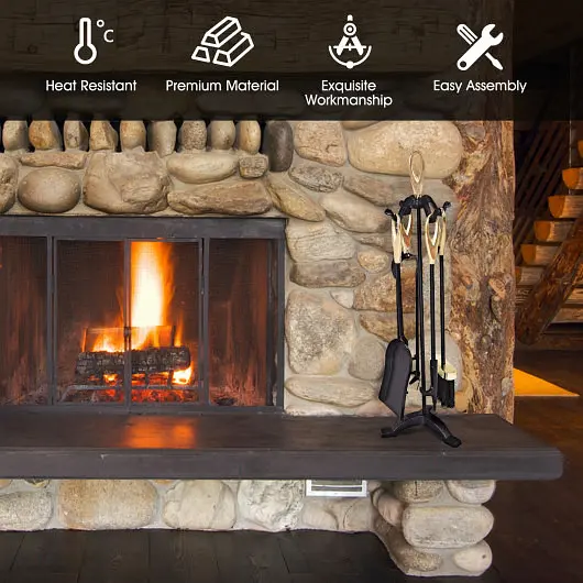 Costway Extra-Strong 5 Pieces Chic Gold Ductile Iron Fireplace Tools Set, HW56080