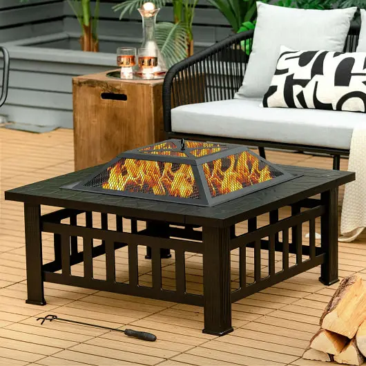 Costway 32 Inch 3 1 Outdoor Square Fire Pit Table BBQ Grill and Rain Cover Camping, JV10256