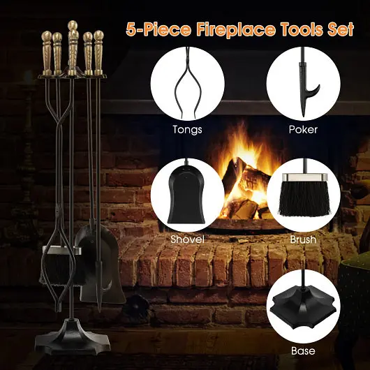 Costway 31 inch 5 Pieces Metal Fireplace Tool Set Stand, Bronze, HV10285DK