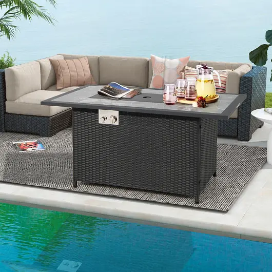 Costway 52 Inch Rattan Wicker Propane Fire Pit Table Rain Cover and Lava Rock, Matte Black, NP10343DK