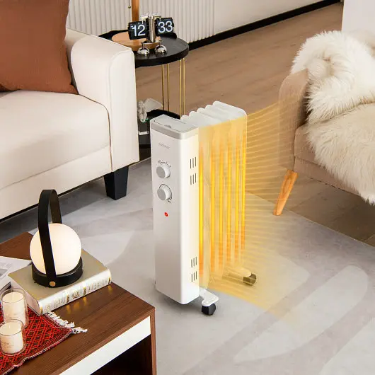 Costway No-Tool 1500W Oil Filled Space Heater Universal Wheels and 3, Level Heat, Pure White, EP25437US-WH