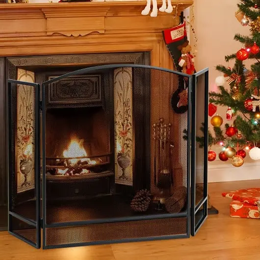 Costway Quick 3-Panel Foldable Fireplace Screen Wrought Metal Mesh, Ebony, HV10474DK