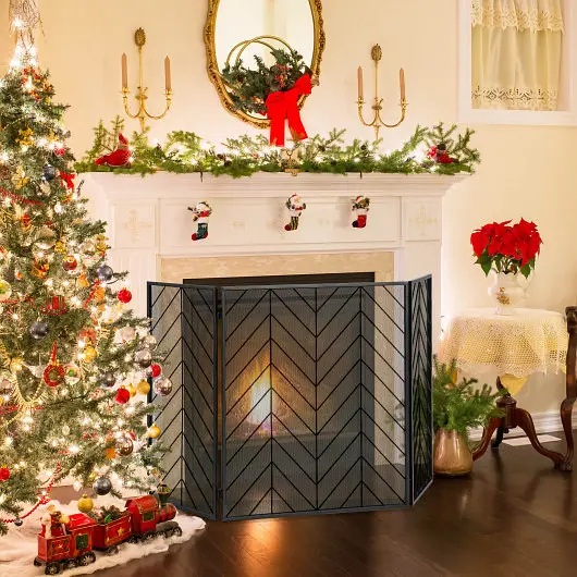 Costway Weather-Resistant 3-Panel Metal Foldable Fireplace Screen Metal Mesh, Jet Black, HV10472DK