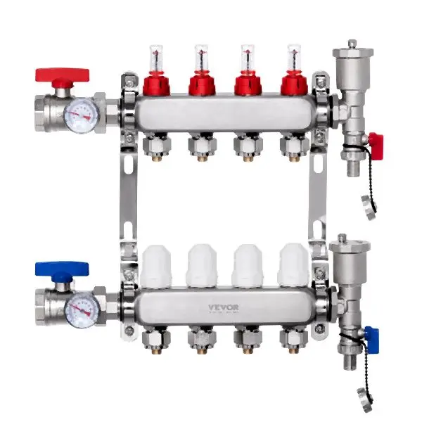 VEVOR 4-Branch Radiant Heat Manifold 1/2" PEX Tubing Floor Heating Manifold Set, DRFSQBXG4HL071I7LV0