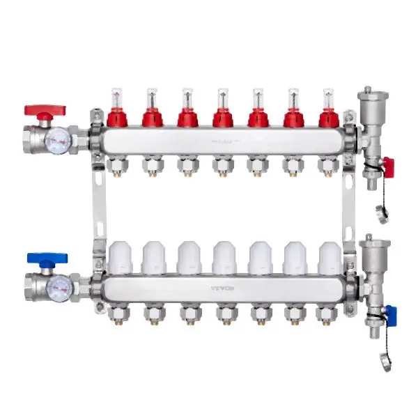 VEVOR Extra-Strong 7-Branch Radiant Heat Manifold 1/2" PEX Tubing Floor Heating Manifold Set, DRFSQBXG7HL03TGRGV0