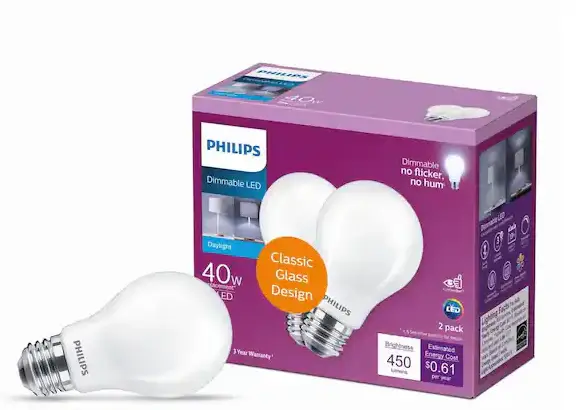 Philips 40-Watt Equivalent A19 Dimmable Energy Saving LED Airy Bulb Frosted Glass Daylight 5000k 2 Pack DAMAGED BOX