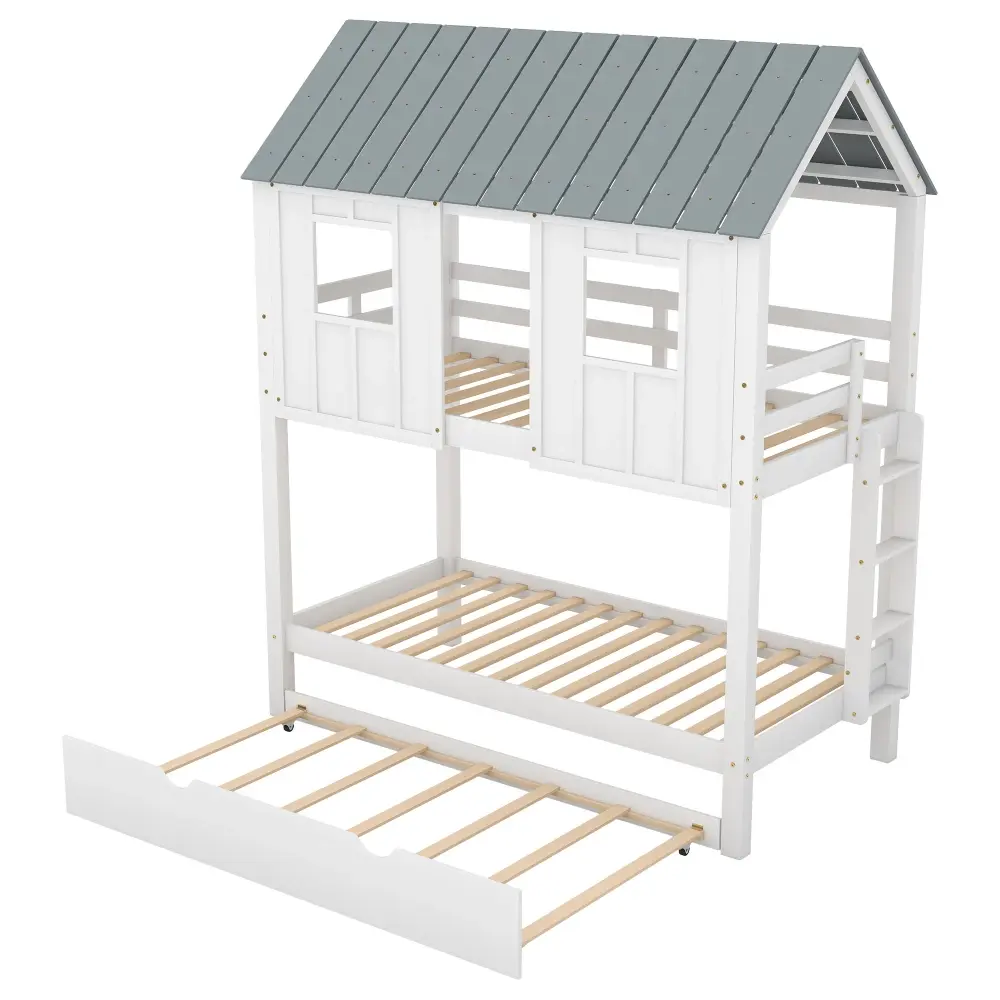 Twin Size House Bunk Bed Trundle, Roof And Windows - Ivory / Gray