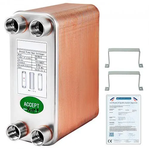 VEVOR BestEquip Heat Exalterr 3" x 7.5" 60 Plates Brazed Plate Heat Exalterr 316L 1/2" BSP FPT Heat Exalter...