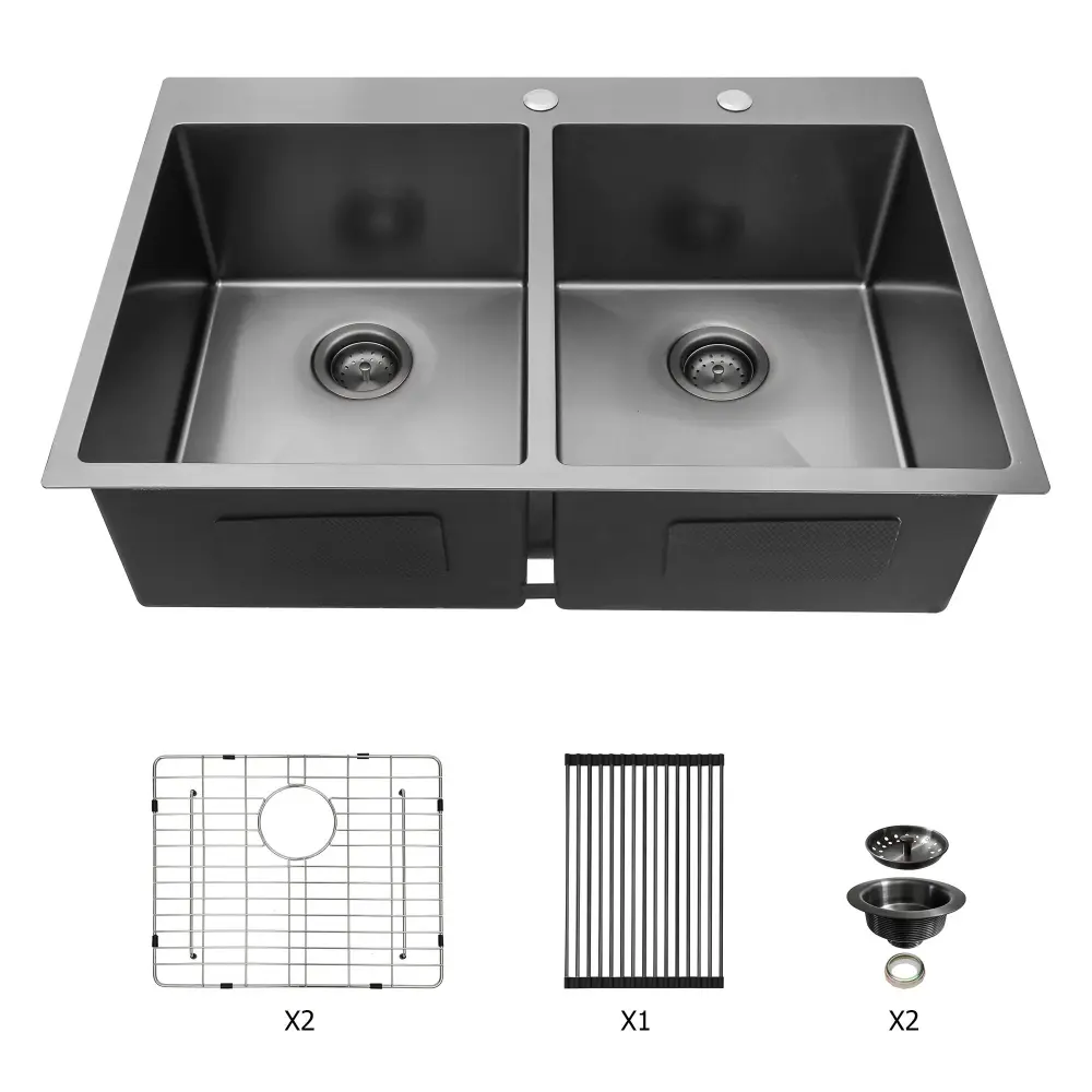 Double Bowl Drop Kitchen Sink 33" X 22" 16 Gauge Stainless Reinforced And 2 10" Deep Basins - Gunmetal Black