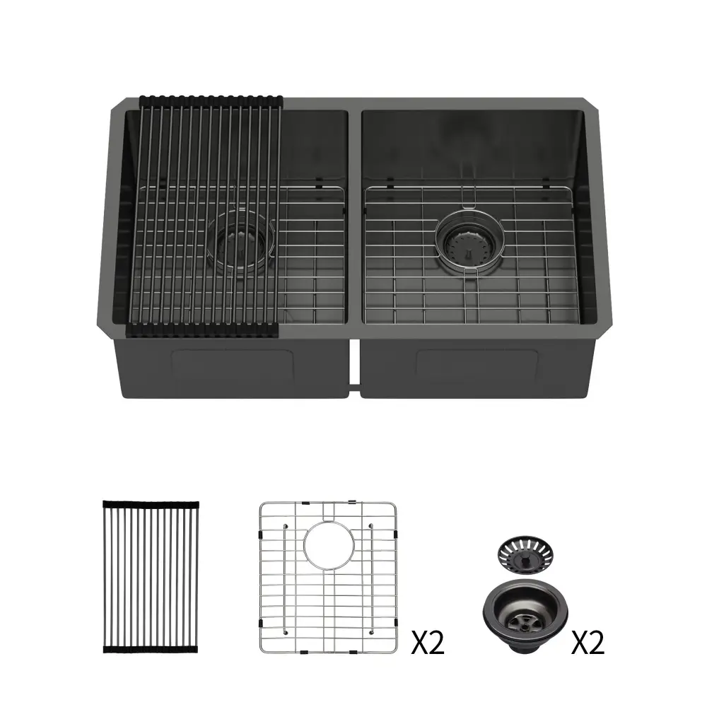 Double Bowl Undermount Kitchen Sink 16 Gauge 33" X 19" Paired 10" Deep Basins - Gunmetal Black