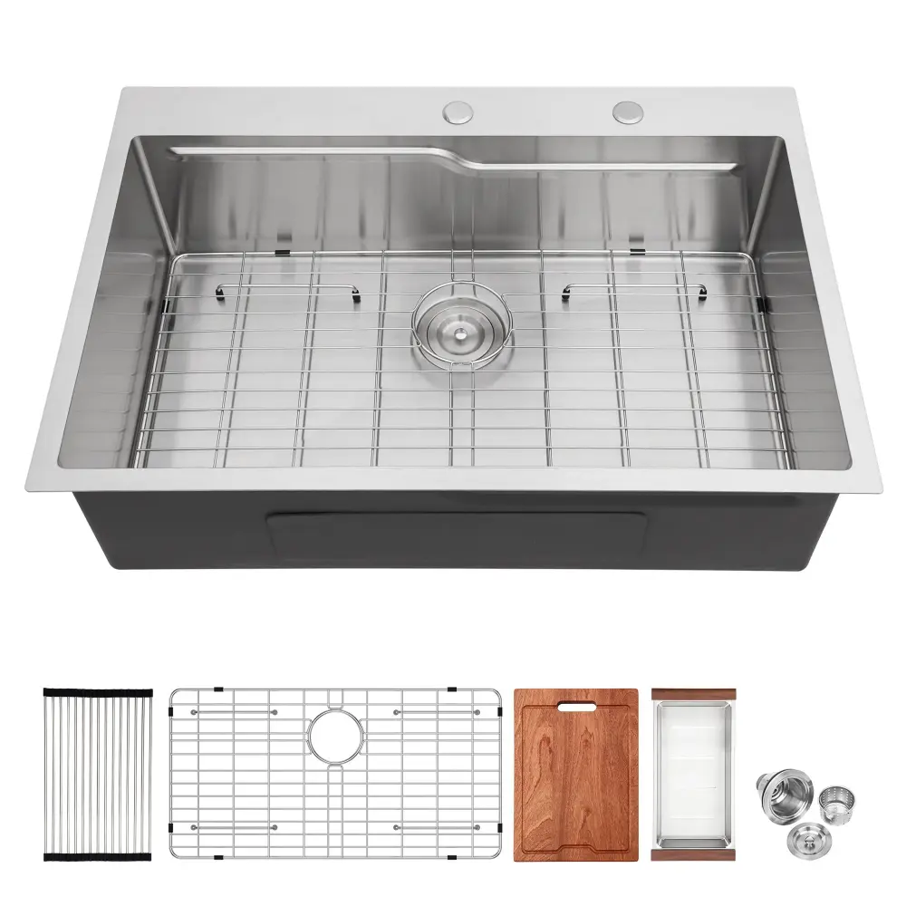 33" Drop Kitchen Sink Ledge Workstation, Single Bowl, 16 Gauge Stainless Chromed - Black / Gray