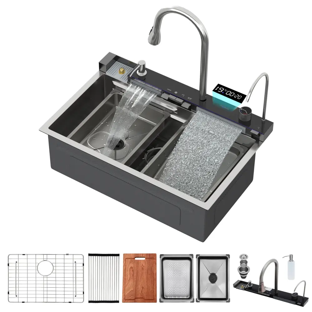 Kitchen Waterfall Sink Single Bowl LED Faucet, Ledge Workstation, And Multi Function Pull Out Spray - Satin-brushed Nickel