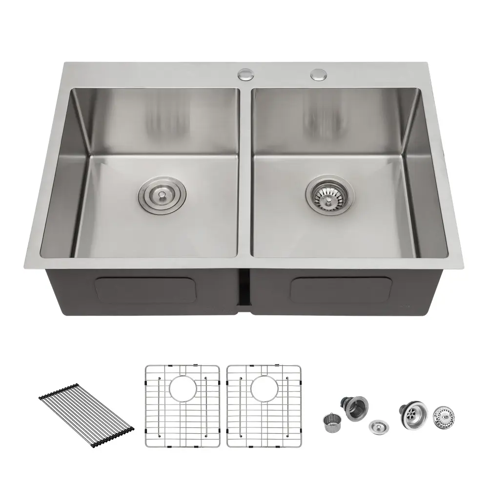 Modern Farmhouse Double Bowl Drop Sink 50 / 50 Split Design Stain-resistant Steel - Brushed Nickel