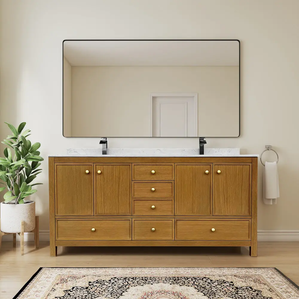 Oakmere Dark Wood Grain Rubberwood & Plywood Bathroom Vanity Duplicate Ceramic Sink and Engineered Marble Top