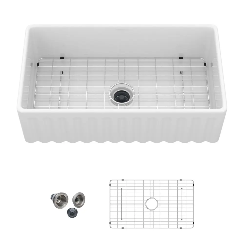 Sink - Apron-Front Reversible Single Bowl Kitchen Sink Even And Ribbed Finishes - White