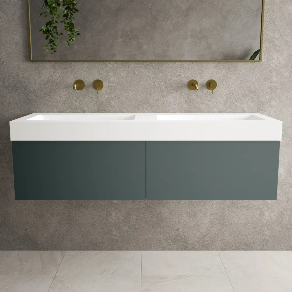 Raffinata Two Drawer Vanity Unit Beyondstone BLOC Double Basin - Matt Shadowy Green 1400mm