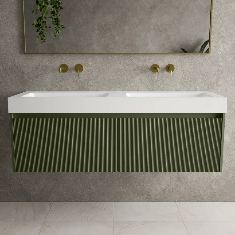 Scanalato Double Drawer Vanity Unit Beyondstone BLOC Paired Basin - Seaweed 1400mm