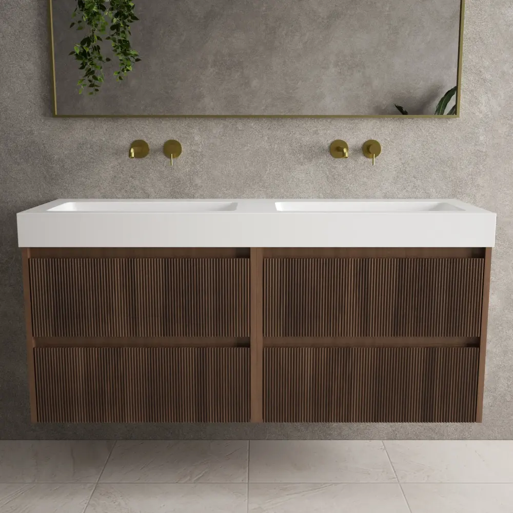 Scanalato Four Drawer Vanity Unit Beyondstone BLOC Twin Basin - Walnut 1400mm