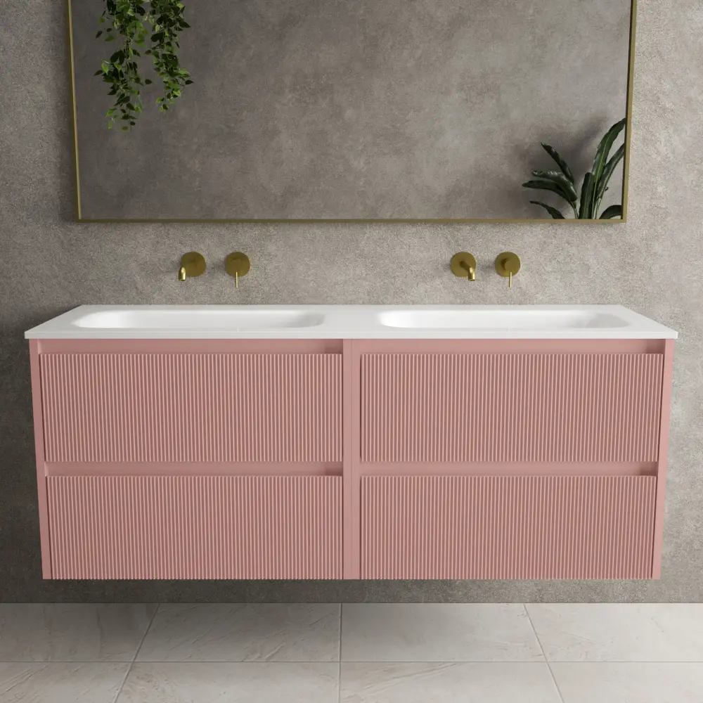 Scanalato Four Drawer Vanity Unit Beyondstone Double Basin - Dusky Salmon 1400mm