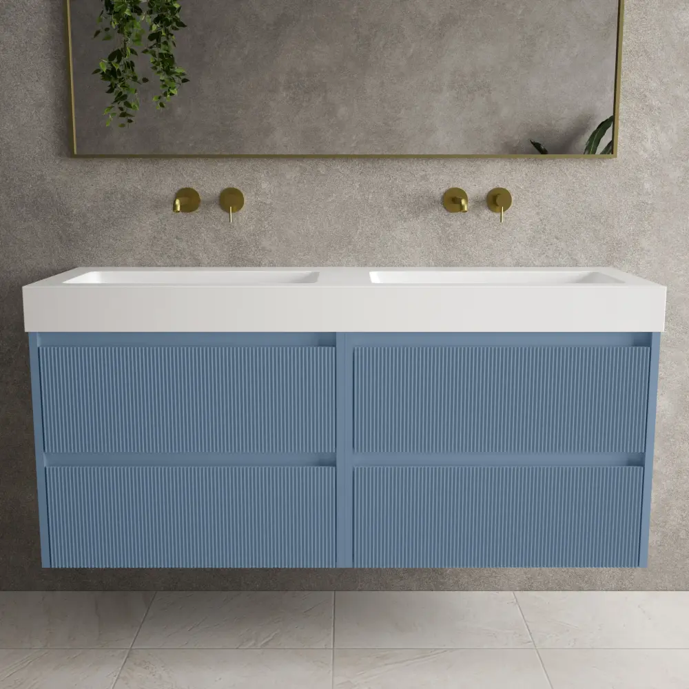 Scanalato Four Drawer Vanity Unit Beyondstone BLOC Duplicate Basin - Soft Blue 1400mm