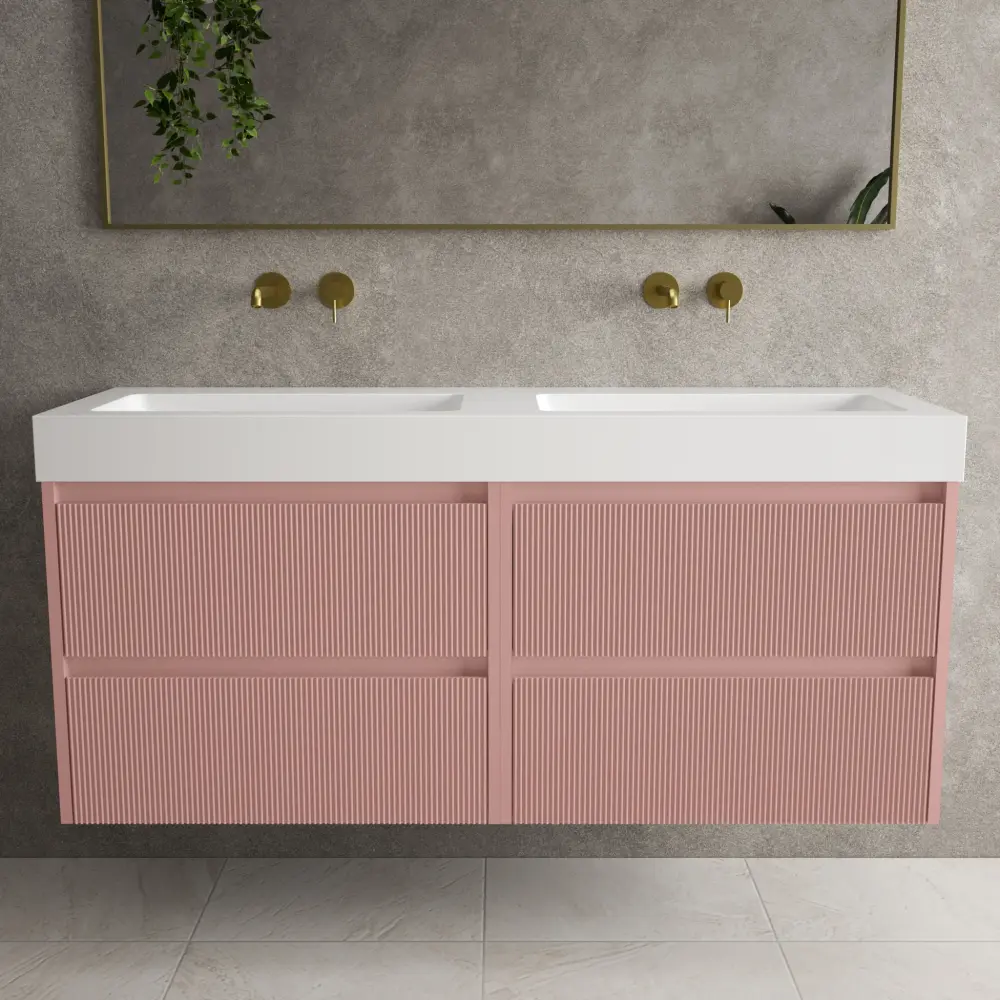 Scanalato Four Drawer Vanity Unit Beyondstone BLOC Twofold Basin - Dusky Pink 1400mm