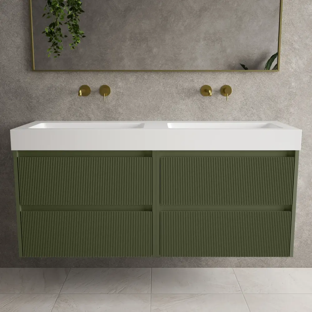 Scanalato Four Drawer Vanity Unit Beyondstone BLOC Paired Basin - Seaweed 1400mm