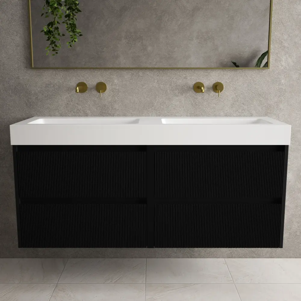 Scanalato Four Drawer Vanity Unit Beyondstone BLOC Double Basin - 100% Black 1400mm