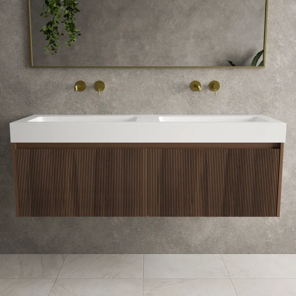 Scanalato Paired Drawer Vanity Unit Beyondstone BLOC Double Basin - Walnut 1400mm