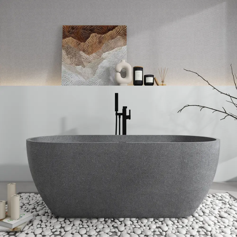 SJ-STARJANE 63'' x 31'' Concrete Freestanding Reliable Surface Soaking Stone Bathtub Terrazzo