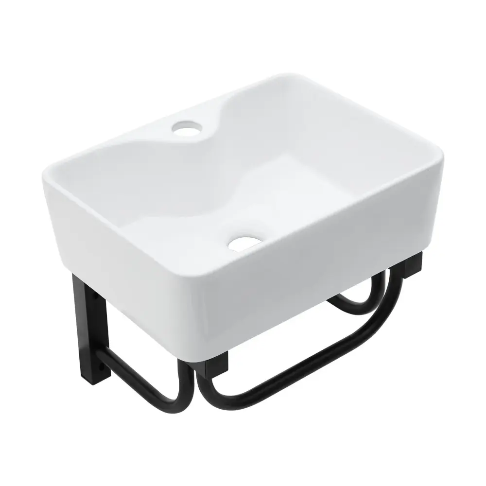 Rectangular Bathroom Sink Towel Bar & Faucet Hole, Wall Mounted - Pearl