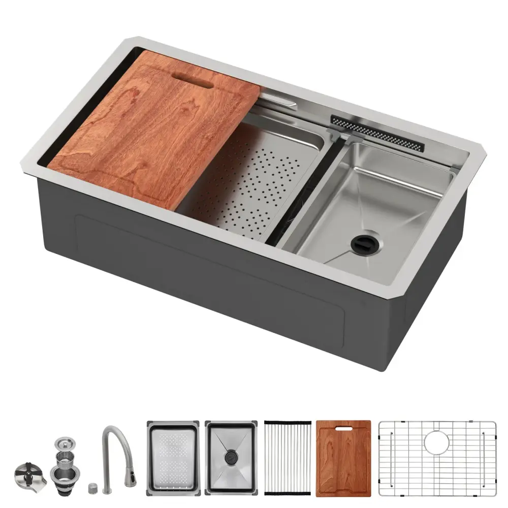 Undermount Stainless Reinforced Kitchen Sink Pull Down Faucet & Ledge Workstation