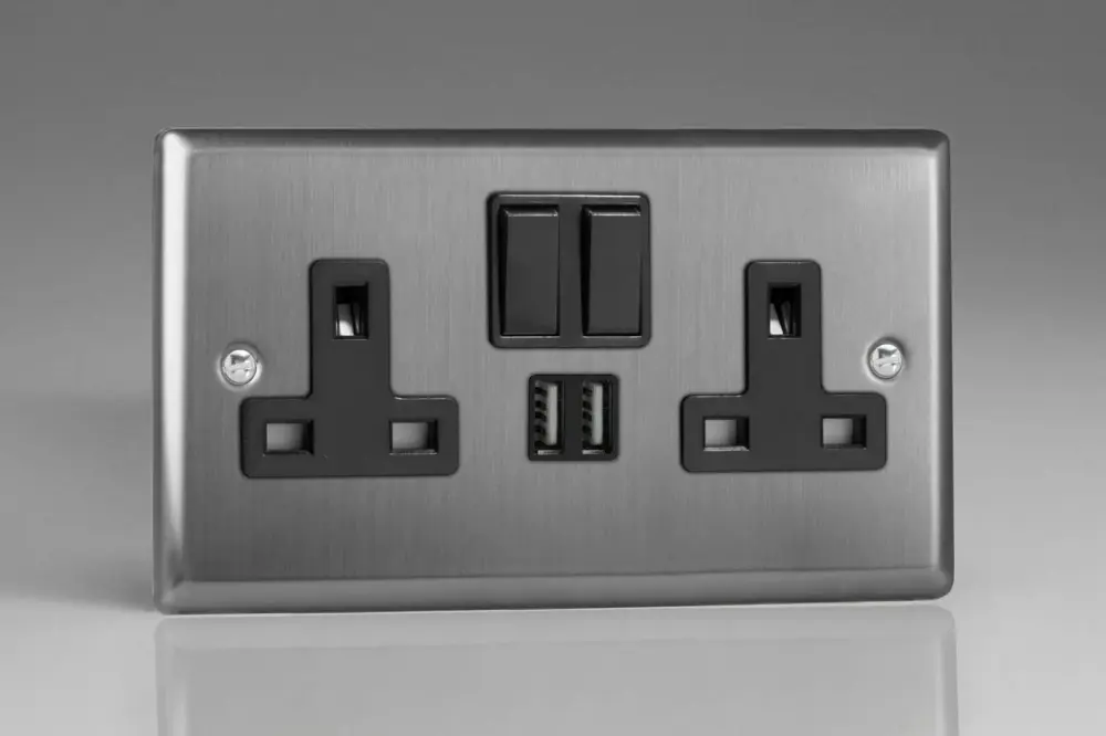 Varilight XT5U2SB 13A Socket 2-Gang USB Soft-touch Steel Black