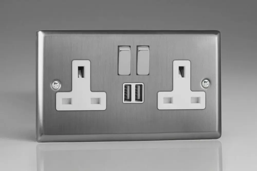 Varilight XT5U2SDW Traditional Brushed Steel 2-Gang Double 13A Switched Plug Socket 2.1A USB