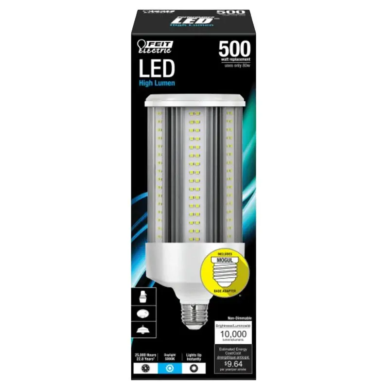 Feit Electric C10000/5K/LEDG2 LED Bulb, Corn Cob, 500 W Equivalent, E26 Lamp Base, Crystal, Daylight Light